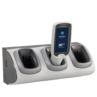 Non-locking three-slot charging cradle designed for counter / desktop to use with PS20 / PS30 devices. Power supply (PWR-BGA12V1008W0WW), DC cable (CB